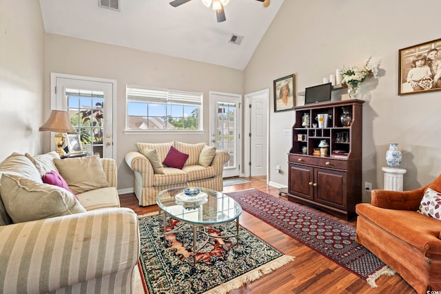592 Riverward Dr Unit 592, Myrtle Beach, SC 29588 - living area featuring ceiling fan, light wood-style floors, high vaulted ceiling, and baseboards