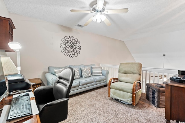 592 Riverward Dr Unit 592, Myrtle Beach, SC 29588 - office area featuring a ceiling fan, a textured ceiling, carpet, and lofted ceiling