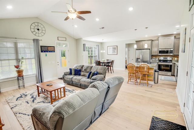1013 Happy Ln, Galivants Ferry, SC 29544 - living area featuring ceiling fan, light wood-type flooring, high vaulted ceiling, recessed lighting, and baseboards