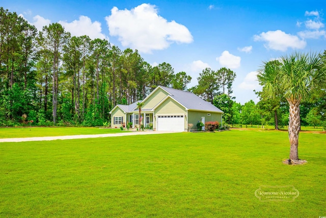 1013 Happy Ln, Galivants Ferry, SC 29544 - ranch-style home with a front lawn, an attached garage, and driveway