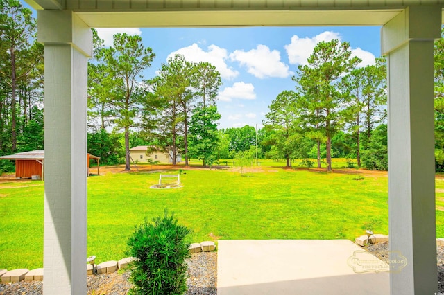 1013 Happy Ln, Galivants Ferry, SC 29544 - view of green lawn featuring a patio area and view of scattered trees