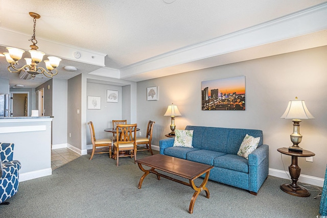 2600 N Ocean Blvd Unit 1406, Myrtle Beach, SC 29577 - living area featuring carpet, a chandelier, crown molding, a textured ceiling, and baseboards