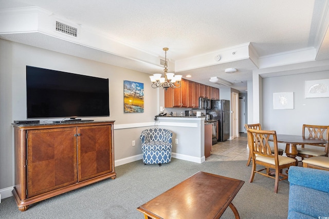 2600 N Ocean Blvd Unit 1406, Myrtle Beach, SC 29577 - living area with a chandelier, light carpet, baseboards, a textured ceiling, and ornamental molding