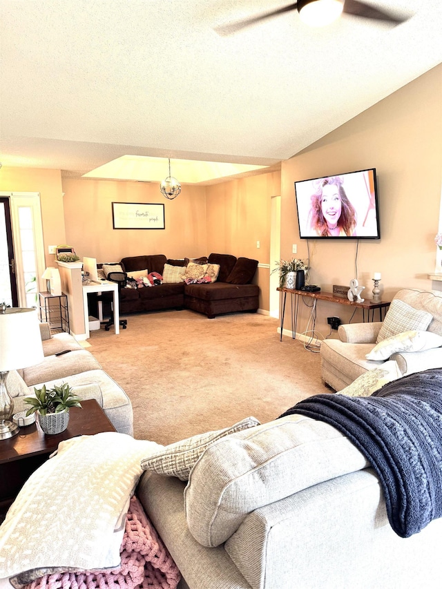 2707 Canvasback Trl, Myrtle Beach, SC 29588 - carpeted living room featuring a ceiling fan and a textured ceiling
