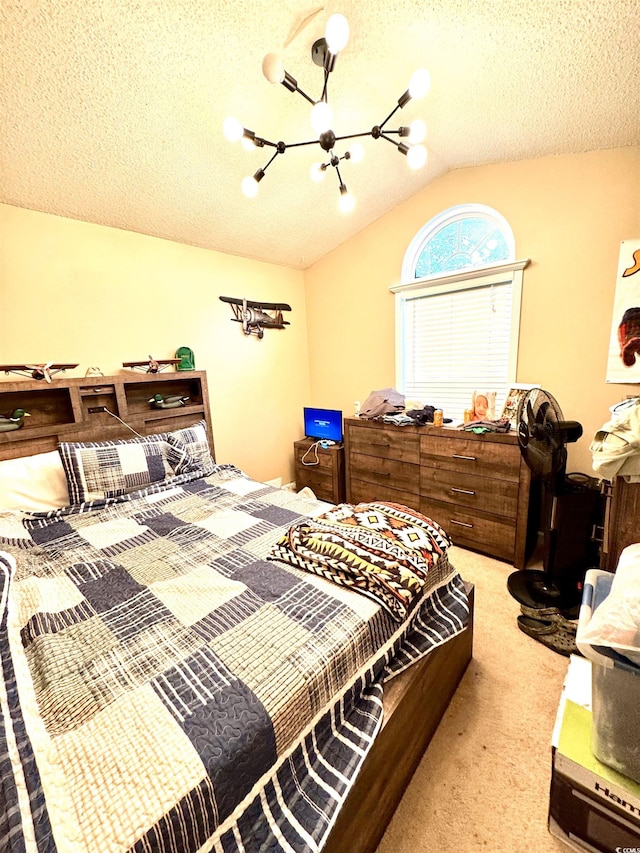 2707 Canvasback Trl, Myrtle Beach, SC 29588 - bedroom featuring carpet, vaulted ceiling, a chandelier, and a textured ceiling