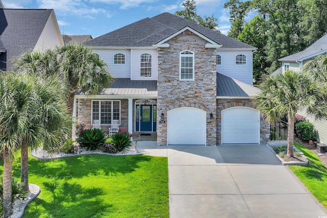 1619 Eastover Ln, North Myrtle Beach, SC 29582 - view of front of house with stone siding, a standing seam roof, concrete driveway, a porch, and an attached garage