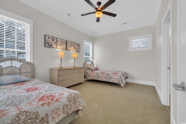 1619 Eastover Ln, North Myrtle Beach, SC 29582 - bedroom with carpet floors, multiple windows, ornamental molding, baseboards, and a ceiling fan