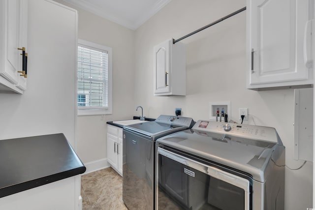 1619 Eastover Ln, North Myrtle Beach, SC 29582 - washroom featuring cabinet space, washing machine and dryer, ornamental molding, and baseboards