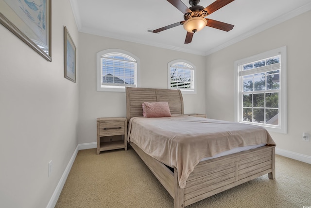 1619 Eastover Ln, North Myrtle Beach, SC 29582 - bedroom featuring light carpet, ornamental molding, baseboards, and a ceiling fan