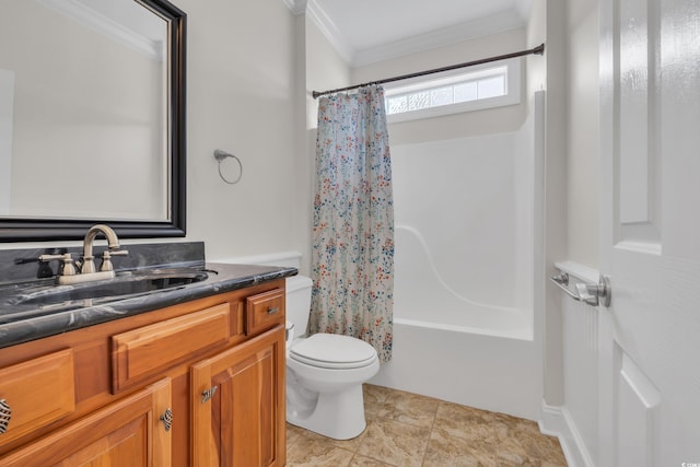 1619 Eastover Ln, North Myrtle Beach, SC 29582 - full bathroom featuring crown molding, vanity, shower / bath combination with curtain, toilet, and tile patterned floors