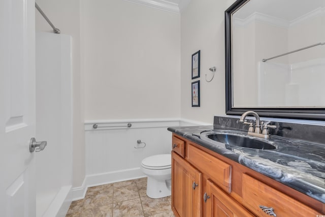 1619 Eastover Ln, North Myrtle Beach, SC 29582 - full bath featuring ornamental molding, toilet, vanity, and a shower