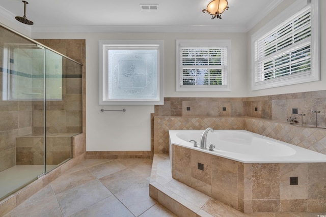 1619 Eastover Ln, North Myrtle Beach, SC 29582 - bathroom with a bath, a shower stall, crown molding, tile patterned floors, and baseboards