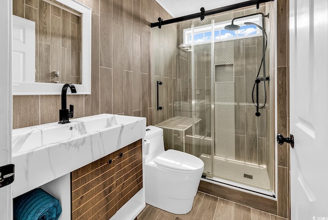 5031 Medieval Dr, Conway, SC 29526 - full bathroom with toilet, a shower stall, vanity, and wood finished floors
