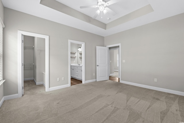 104 Browns Hollow Ct, Loris, SC 29569 - unfurnished bedroom featuring carpet, a tray ceiling, a walk in closet, a closet, and ensuite bathroom