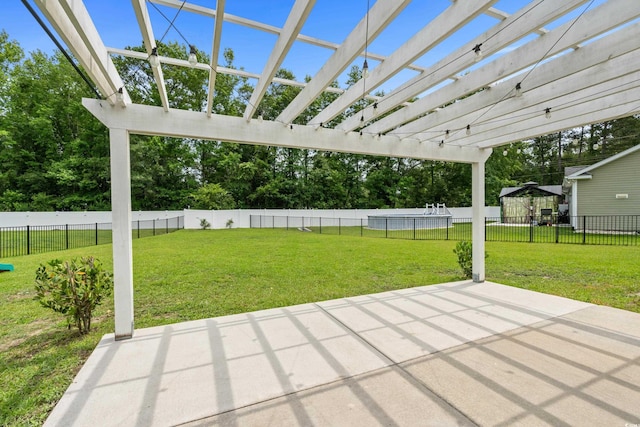 104 Browns Hollow Ct, Loris, SC 29569 - fenced backyard featuring a patio, a pergola, and view of scattered trees