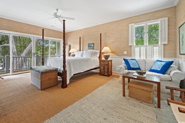 95 Sanderling Ave, Georgetown, SC 29440 - bedroom with access to exterior, carpet flooring, a wainscoted wall, and a ceiling fan