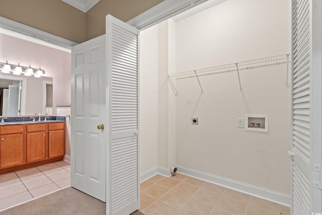 4378 Willoughby Ln Unit 4378, Myrtle Beach, SC 29577 - washroom featuring washer hookup, electric dryer hookup, light tile patterned floors, and crown molding