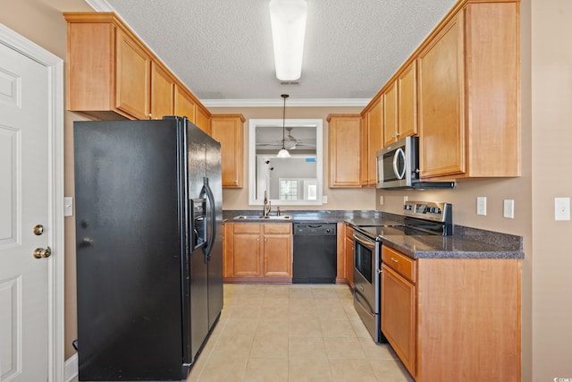 4378 Willoughby Ln Unit 4378, Myrtle Beach, SC 29577 - kitchen with black appliances, ceiling fan, a textured ceiling, hanging light fixtures, and light tile patterned floors