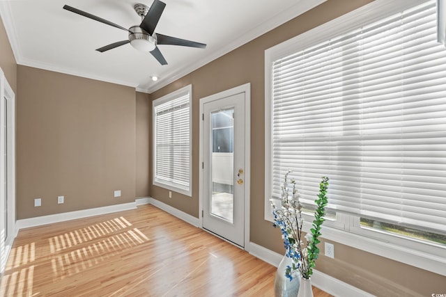 4378 Willoughby Ln Unit 4378, Myrtle Beach, SC 29577 - doorway to outside featuring light wood-style floors, crown molding, and a ceiling fan