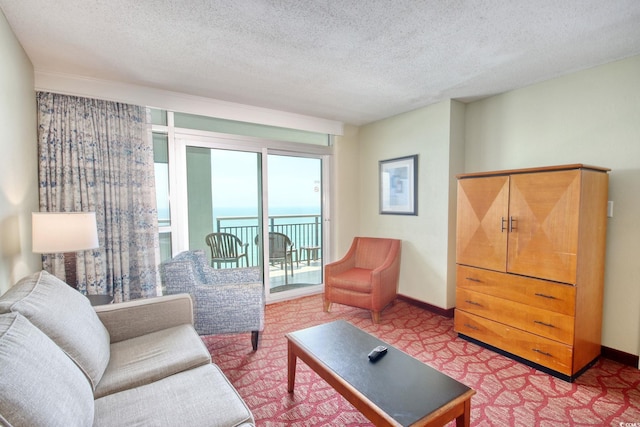 504 N Ocean Blvd Unit 1106, Myrtle Beach, SC 29577 - carpeted living room featuring a textured ceiling and baseboards
