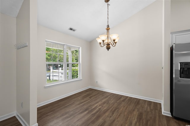 9580 Kings Rd, Myrtle Beach, SC 29572 - unfurnished dining area with lofted ceiling, a chandelier, and dark wood-style floors