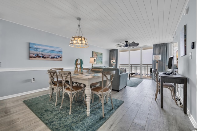 1625 S Ocean Blvd Unit 211, North Myrtle Beach, SC 29582 - dining room with wood ceiling, light wood-type flooring, a chandelier, and a ceiling fan
