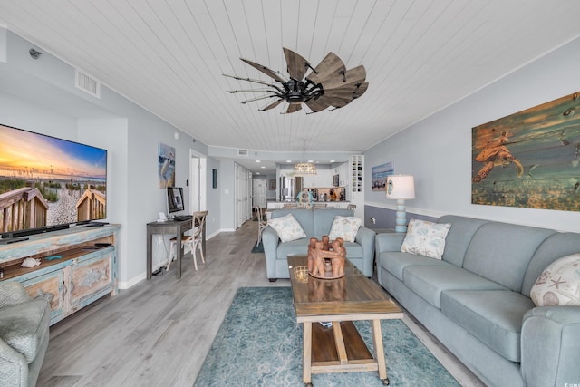 1625 S Ocean Blvd Unit 211, North Myrtle Beach, SC 29582 - living room featuring ceiling fan, light wood-style flooring, wood ceiling, and a chandelier