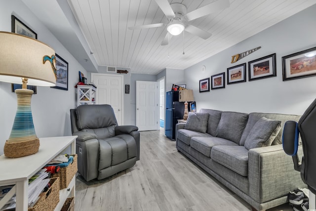 1625 S Ocean Blvd Unit 211, North Myrtle Beach, SC 29582 - living room with light wood-style flooring, ceiling fan, and wood ceiling