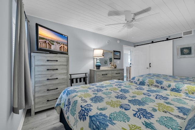 1625 S Ocean Blvd Unit 211, North Myrtle Beach, SC 29582 - bedroom with a barn door, wood ceiling, light wood-style flooring, and a ceiling fan