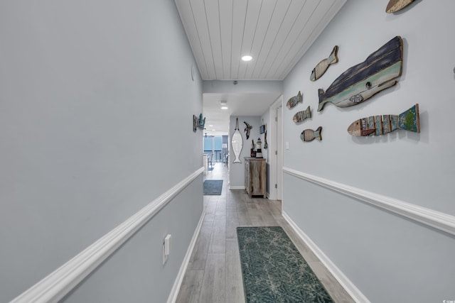 1625 S Ocean Blvd Unit 211, North Myrtle Beach, SC 29582 - hall featuring attic access, light wood finished floors, recessed lighting, and wood ceiling