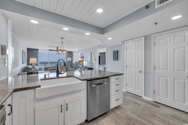 1625 S Ocean Blvd Unit 211, North Myrtle Beach, SC 29582 - kitchen featuring open floor plan, dishwasher, recessed lighting, wood ceiling, and white cabinetry
