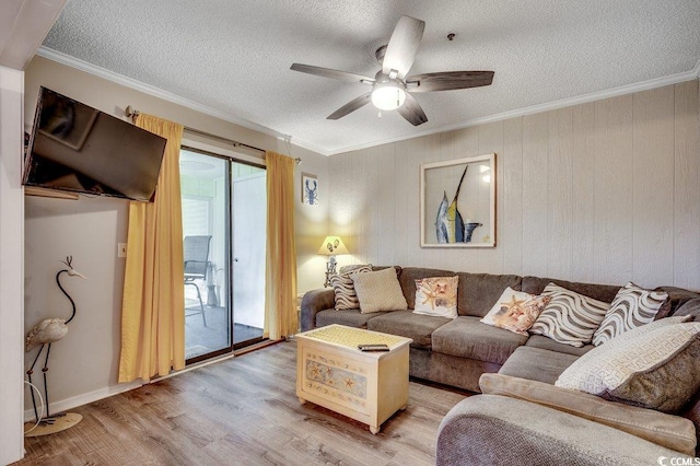 211 N Hillside Dr Unit 204, North Myrtle Beach, SC 29582 - living room featuring a ceiling fan, ornamental molding, light wood finished floors, a textured ceiling, and wooden walls