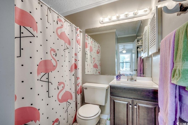 211 N Hillside Dr Unit 204, North Myrtle Beach, SC 29582 - full bath with crown molding, vanity, a textured ceiling, and a shower with shower curtain