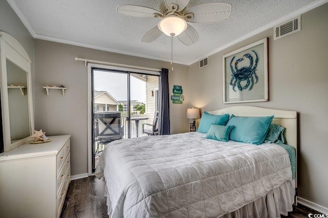 211 N Hillside Dr Unit 204, North Myrtle Beach, SC 29582 - bedroom with dark wood finished floors, access to outside, a textured ceiling, ornamental molding, and ceiling fan