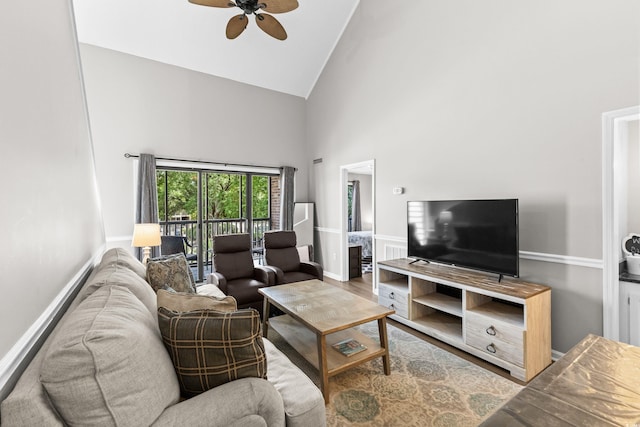 1356 Glenns Bay Rd Unit A202, Surfside Beach, SC 29575 - living room featuring high vaulted ceiling and a ceiling fan