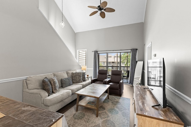 1356 Glenns Bay Rd Unit A202, Surfside Beach, SC 29575 - living area with high vaulted ceiling, a ceiling fan, and wood finished floors