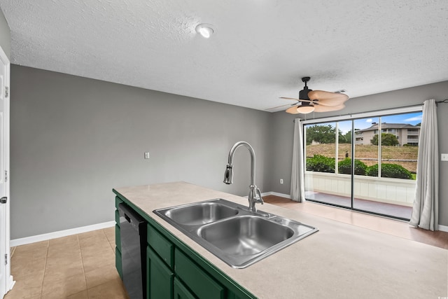 4101 Pinehurst Cir Unit Aa-3, Little River, SC 29566 - kitchen with green cabinetry, dishwashing machine, a textured ceiling, a sink, and a ceiling fan