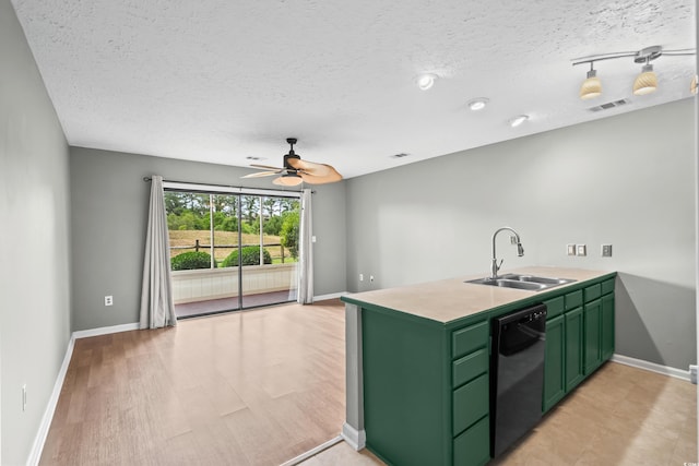 4101 Pinehurst Cir Unit Aa-3, Little River, SC 29566 - kitchen with green cabinets, black dishwasher, a sink, ceiling fan, and baseboards