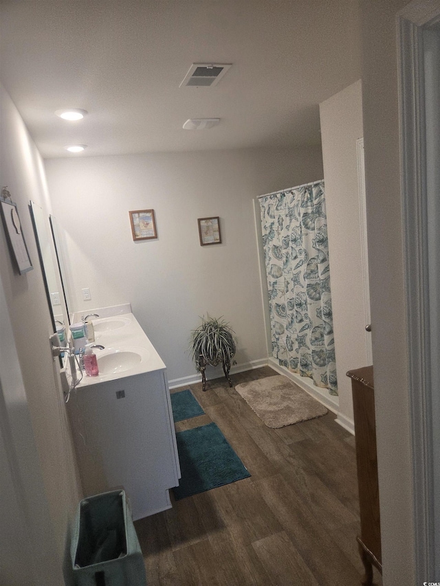 297 Harvest Ridge Way, Conway, SC 29527 - bathroom with wood finished floors, double vanity, baseboards, and curtained shower