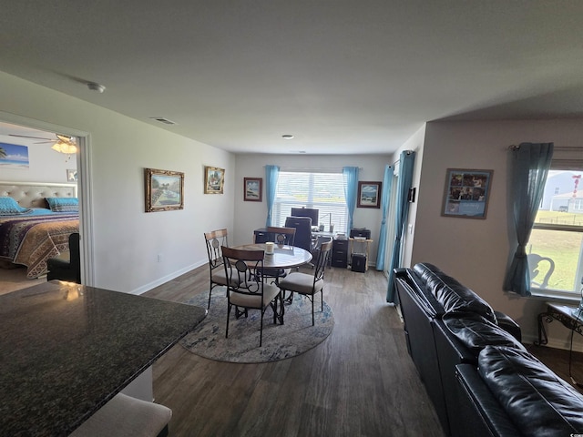 297 Harvest Ridge Way, Conway, SC 29527 - dining space with wood finished floors, baseboards, a desk, and a ceiling fan