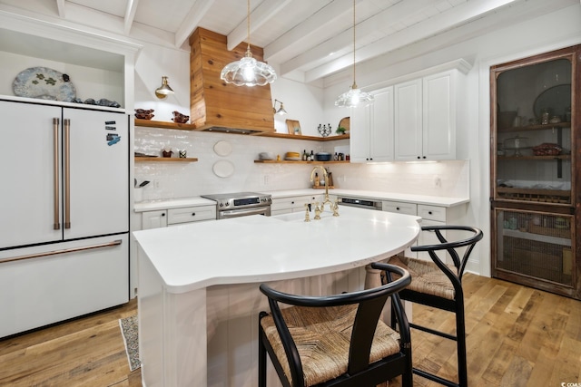 346 Tuckers Rd Unit A, Pawleys Island, SC 29585 - kitchen featuring high end fridge, open shelves, electric stove, beamed ceiling, and decorative backsplash