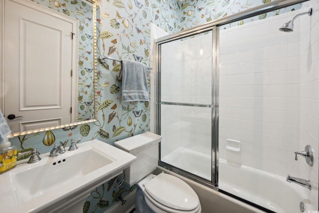 346 Tuckers Rd Unit A, Pawleys Island, SC 29585 - full bath featuring wallpapered walls, enclosed tub / shower combo, toilet, and a sink
