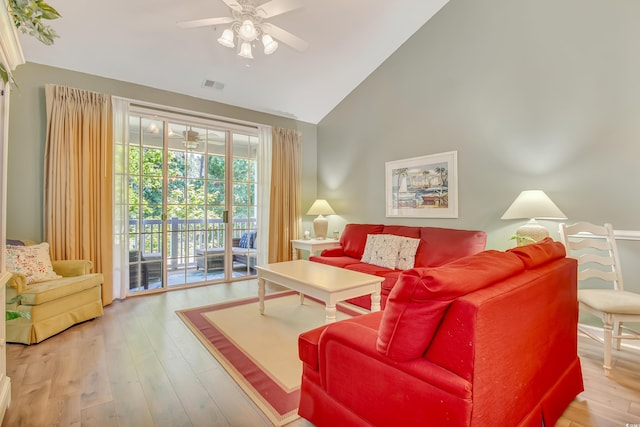 6015 Catalina Dr Unit 732, North Myrtle Beach, SC 29582 - living room with ceiling fan, high vaulted ceiling, and wood finished floors