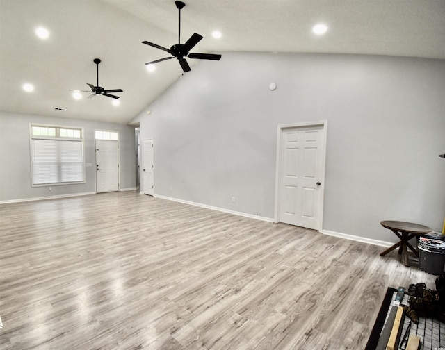 126 Clovis Cir, Myrtle Beach, SC 29579 - unfurnished living room with a ceiling fan, high vaulted ceiling, wood finished floors, baseboards, and recessed lighting