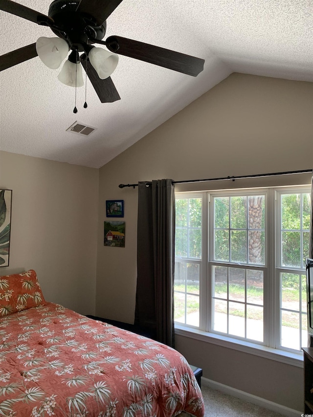 1432 Seahouse Ct, Surfside Beach, SC 29575 - carpeted bedroom featuring lofted ceiling, a textured ceiling, multiple windows, and ceiling fan
