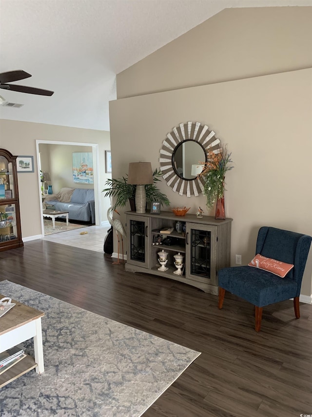 1432 Seahouse Ct, Surfside Beach, SC 29575 - living area with vaulted ceiling, ceiling fan, and wood finished floors
