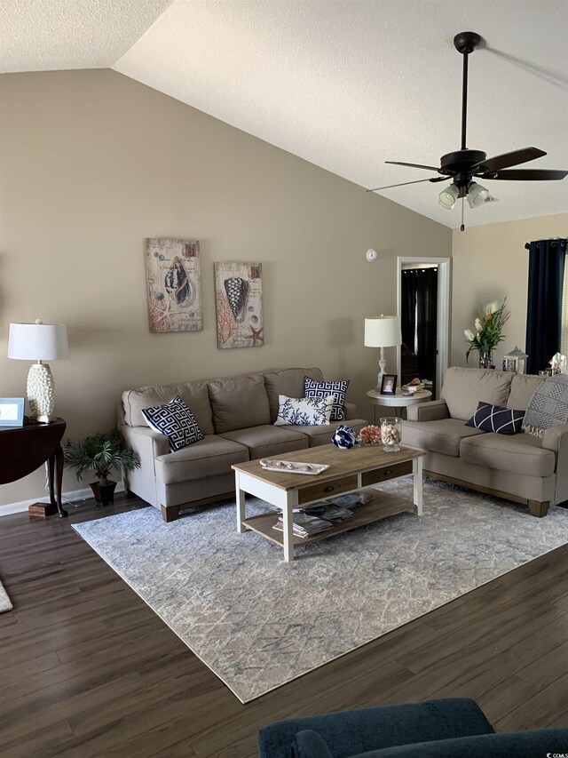 1432 Seahouse Ct, Surfside Beach, SC 29575 - living room with lofted ceiling, a ceiling fan, wood finished floors, and a textured ceiling