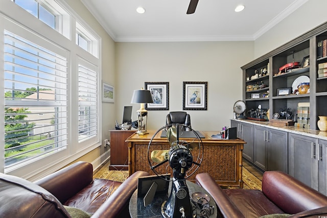 191 Grackle Ln, Pawleys Island, SC 29585 - office area featuring wood finished floors, crown molding, a ceiling fan, recessed lighting, and baseboards