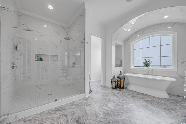 191 Grackle Ln, Pawleys Island, SC 29585 - full bathroom with ornamental molding, a marble finish shower, marble finish floors, a freestanding tub, and recessed lighting