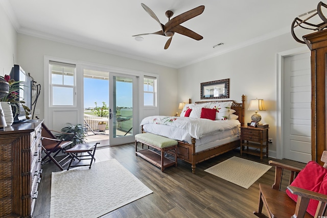191 Grackle Ln, Pawleys Island, SC 29585 - bedroom with access to exterior, crown molding, dark wood finished floors, and a ceiling fan
